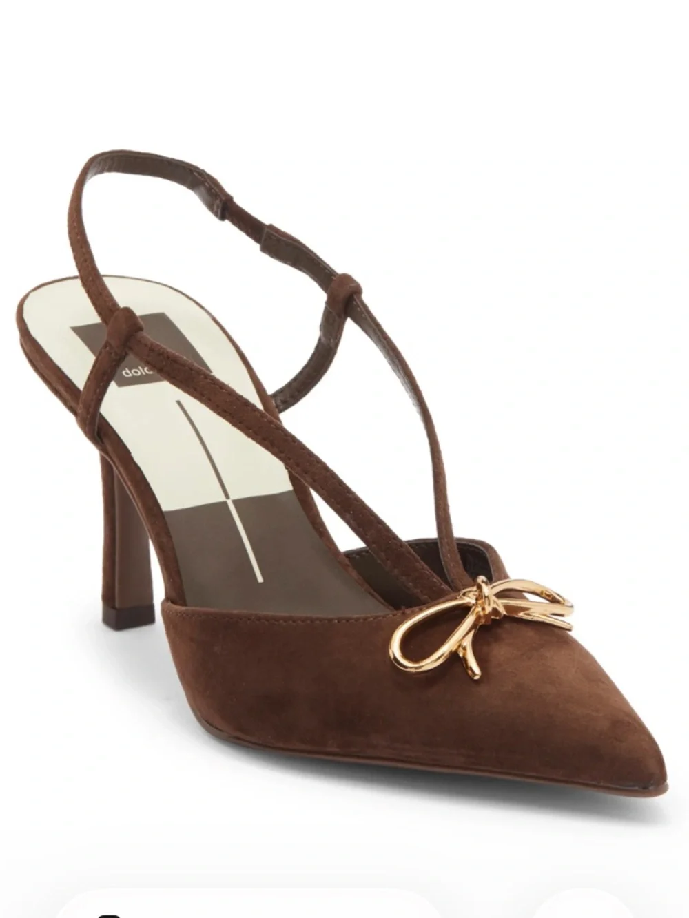 NWT Dolce Vita Brown Suede Pointed Slingback Heels with Gold Bow Accent - Picture 1 of 5